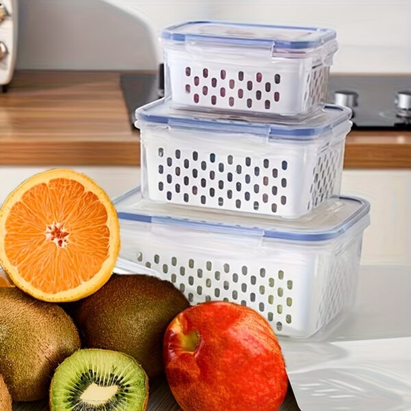 Conjunto de 9 peças de recipientes grandes à prova de vazamento para geladeira com escorredor removível - laváveis ​​na máquina de lavar louça, mantêm frutas, vegetais, frutas vermelhas e carnes frescas por mais tempo - Imagem 3