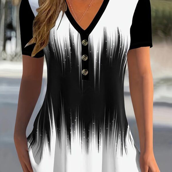 Camiseta com botões frontais e blocos de cores, blusa casual com decote em V e manga curta para primavera e verão, roupas femininas - Imagem 4