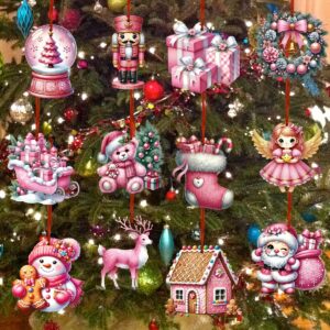 Conjunto de 24 enfeites de Natal rosa - Pingentes de papel pendurados, gotas e remates com diversos designs festivos para decoração de árvores de Natal - Decorações tradicionais de Natal não elétricas com fita de fixação