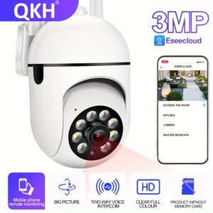 Câmera de segurança QKH 1440P HD de 1 unidade, PTZ interna com detecção de movimento, visão noturna colorida, áudio bidirecional, controle de aplicativo, alimentação USB, compatível com Android, montagem em parede - ideal para monitoramento residencial e de animais de estimação