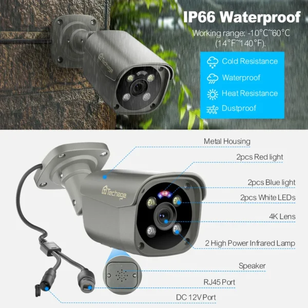 Câmera de Segurança Techage-POE, Ultra HD, Smart AI Face Detection, IP, P2P, Audio Record, Vigilância, Cor, Visão Noturna, 4K, 8MP - Imagem 6