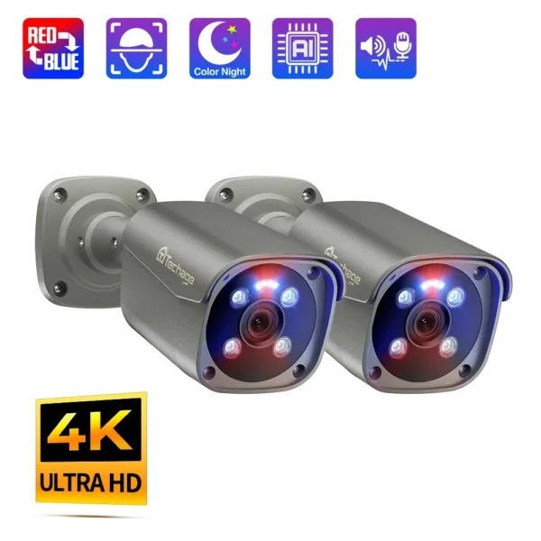 Câmera de Segurança Techage-POE, Ultra HD, Smart AI Face Detection, IP, P2P, Audio Record, Vigilância, Cor, Visão Noturna, 4K, 8MP