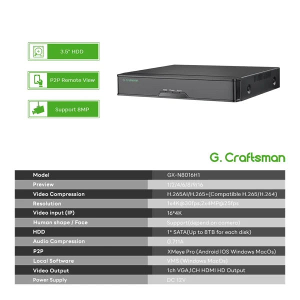 XMeye-gravador de vídeo em rede, registro NVR, suporte 4K, 16ch, gravação H.265 + 24 7, câmera IP, sistema P2P, kit de segurança, G.Craftsman - Imagem 2