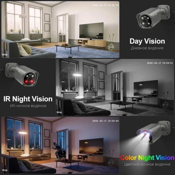 Câmera de Segurança Techage-POE, Ultra HD, Smart AI Face Detection, IP, P2P, Audio Record, Vigilância, Cor, Visão Noturna, 4K, 8MP - Imagem 3