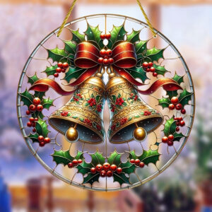 20,32 cm x 20,32 cm Sino de Natal de vidro pintado em acrílico vibrante Sun Catcher - Decoração deslumbrante para pendurar na janela para casa e escritório, presente de Natal perfeito para amigos e familiares