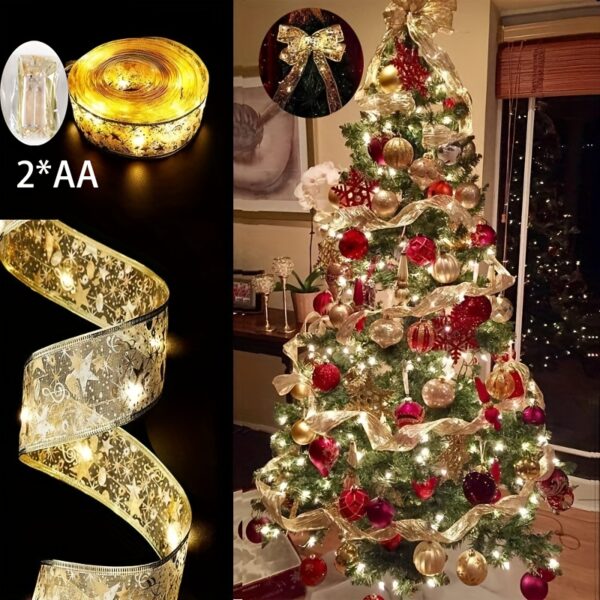 1pc 1/3/5/10m serpentinas de feriado, árvore de natal com luzes, luzes de fita douradas, guirlanda de fita de árvore de natal, decoração de árvore de natal, alimentado por bateria (sem baterias) - Imagem 3