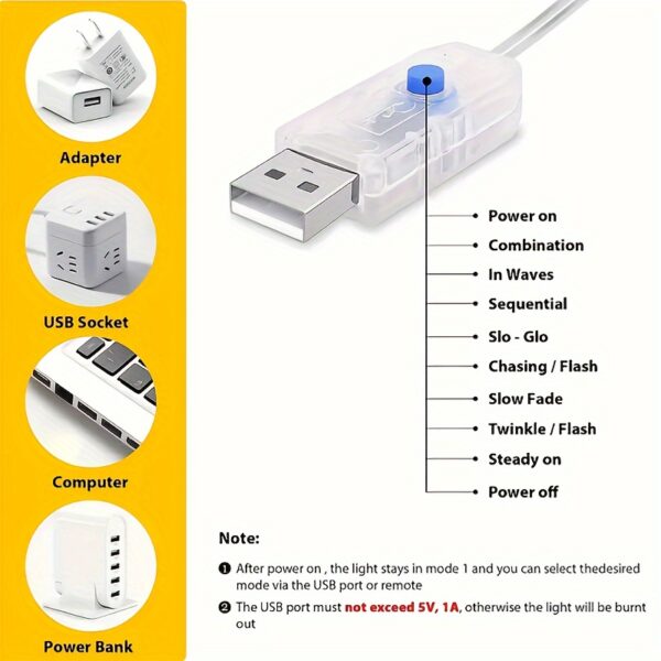 1pc USB Fairy String Lights, 20,12 metros 200LED 10,06 metros 100 LED 5,0 metros 50LED Mudando Luzes de Fio Prateado Com 8 Modos de Iluminação Controle Remoto Para Artesanato Quarto Teto Decoração de Natal, Luz de Fio de Cobre Multicolorido - Imagem 6