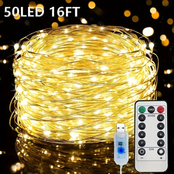 1pc USB Fairy String Lights, 20,12 metros 200LED 10,06 metros 100 LED 5,0 metros 50LED Mudando Luzes de Fio Prateado Com 8 Modos de Iluminação Controle Remoto Para Artesanato Quarto Teto Decoração de Natal, Luz de Fio de Cobre Multicolorido - Imagem 3