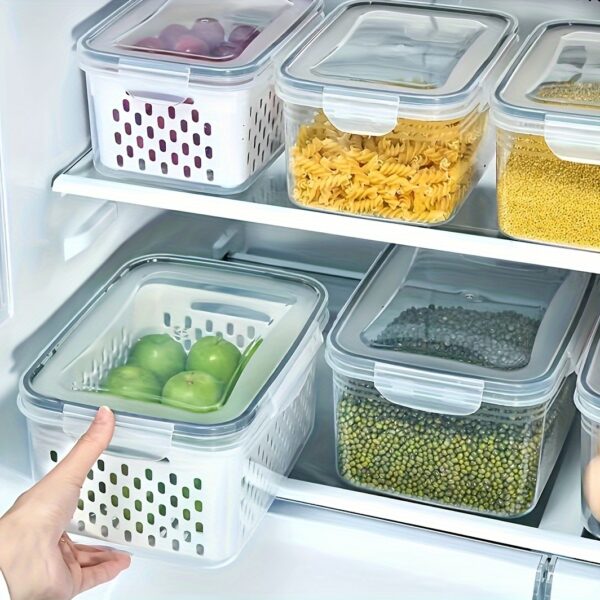 Conjunto de 9 peças de recipientes grandes à prova de vazamento para geladeira com escorredor removível - laváveis ​​na máquina de lavar louça, mantêm frutas, vegetais, frutas vermelhas e carnes frescas por mais tempo - Imagem 2