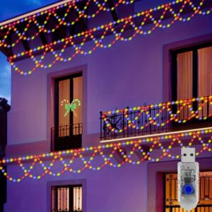 138 Luzes de corda de meio círculo cruzadas alimentadas por USB com 8 modos - Iluminação decorativa de Natal para áreas externas, perfeita para pátios, casamentos, dia dos namorados, Natal, festas de fim de ano (multicolorido)