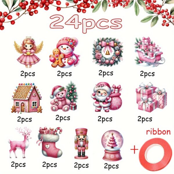 Conjunto de 24 enfeites de Natal rosa - Pingentes de papel pendurados, gotas e remates com diversos designs festivos para decoração de árvores de Natal - Decorações tradicionais de Natal não elétricas com fita de fixação - Imagem 2